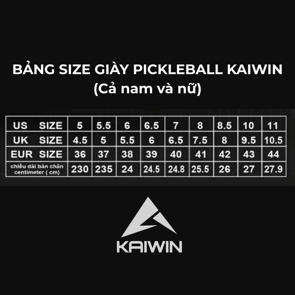 Bảng size giày Pickleball Kaiwin