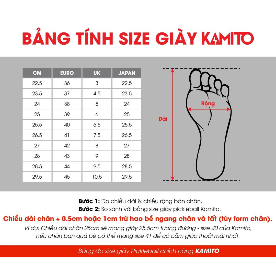 Bảng size giày Pickleball Kamito Brillant V.1