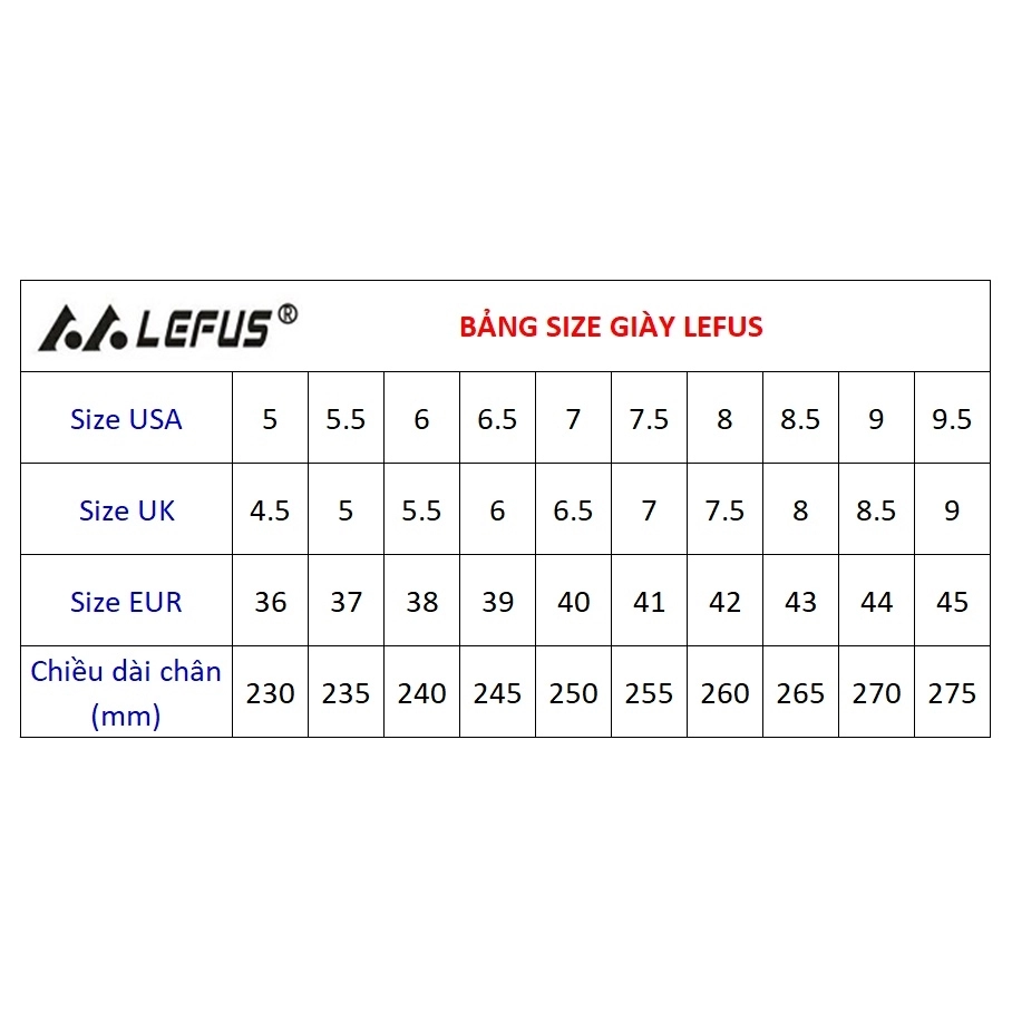Bảng size giày Pickleball Lefus