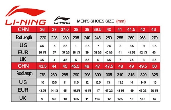 Bảng size Giày cầu lông Lining AYTV003-1
