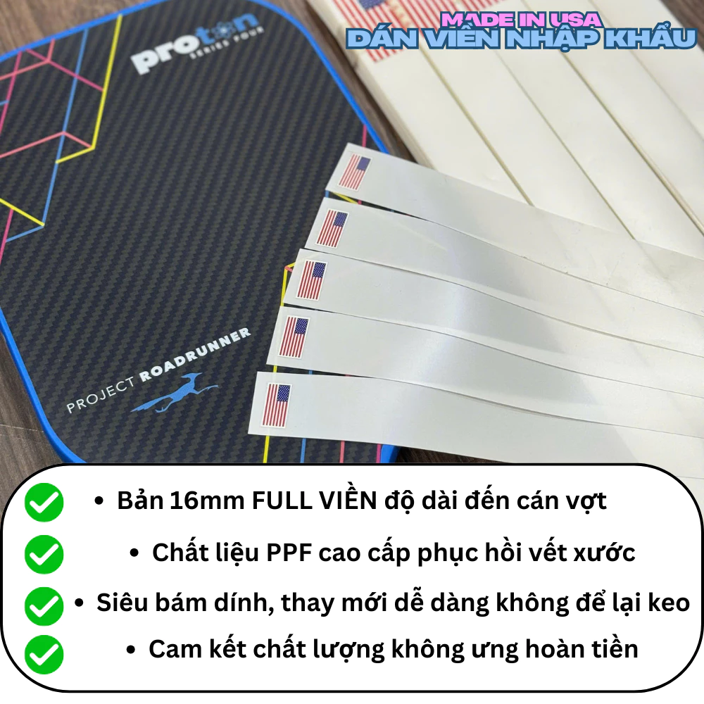 Miếng Dán Bảo Vệ Full Viền Vợt Pickleball (14mm/16mm) - Nhựa PPF Mỹ Siêu Dày 8.5mil